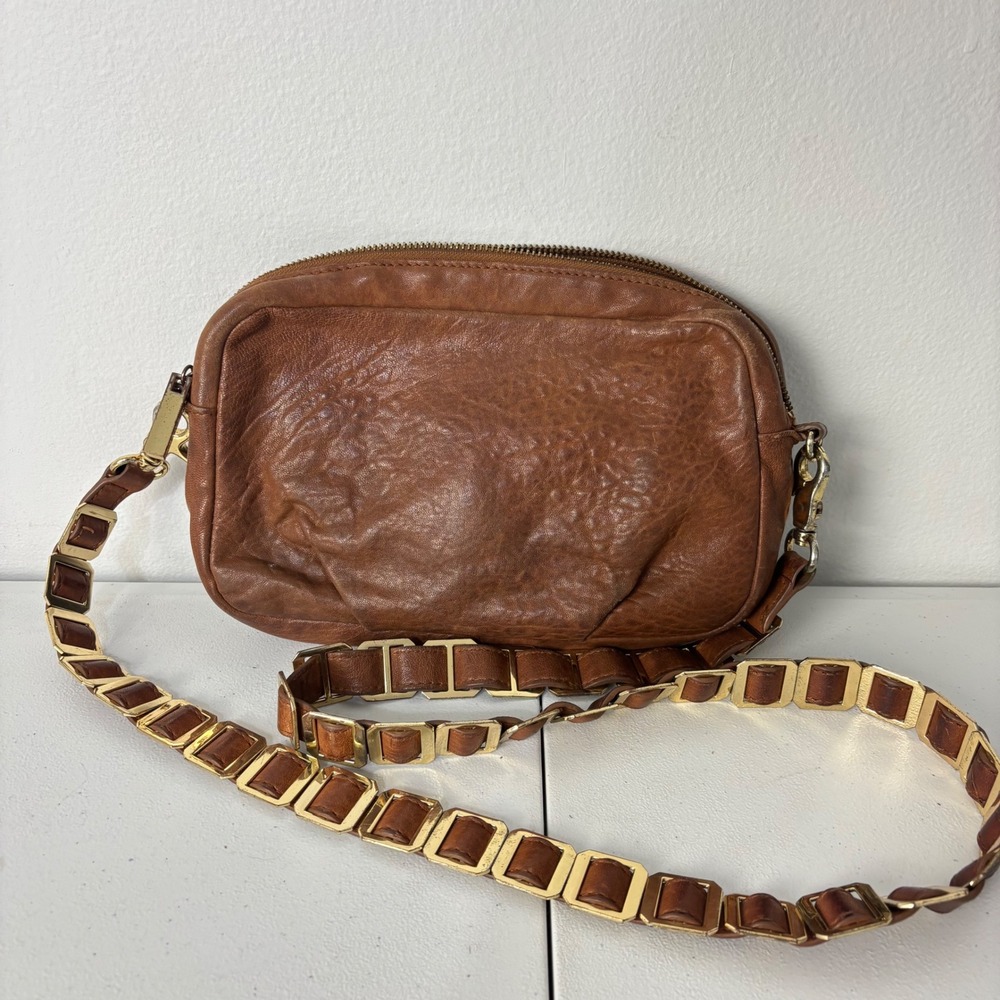 Vtg Tory Burch Amanda Brown Distressed Leather Crossbody Bag Zip Top Chain Strap - Picture 2 of 10